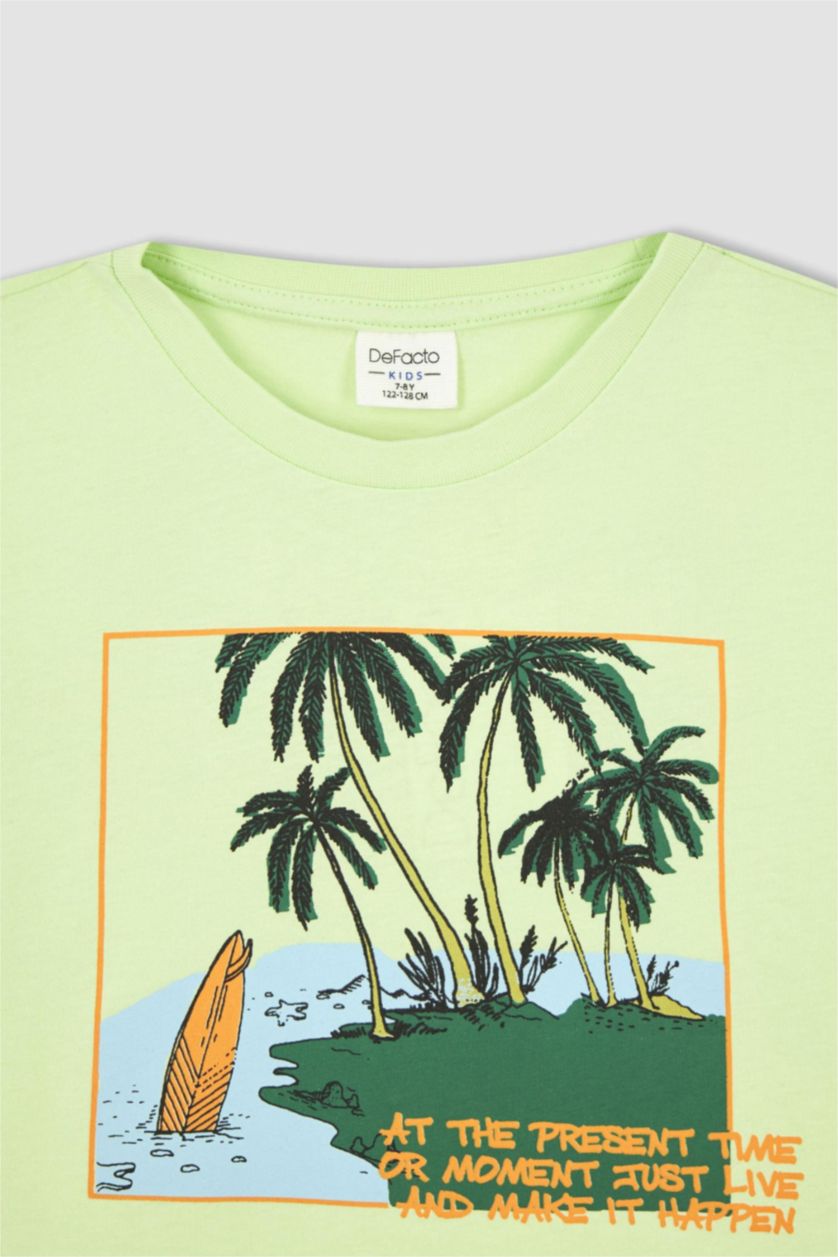 BOYS & TEENS Light Green Boy Regular Fit Crew Neck Short Sleeve Palm Print T-Shirt