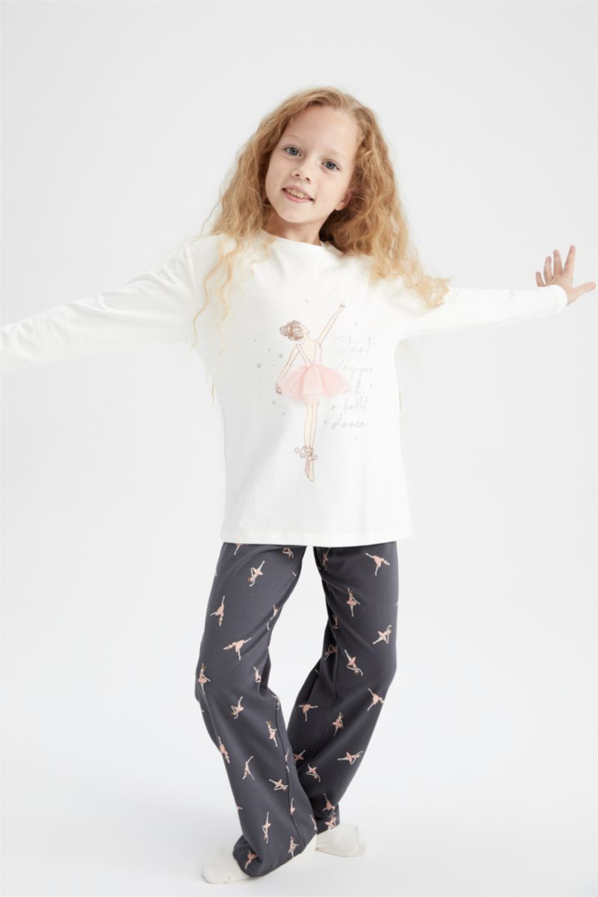 Kız Çocuk - Genç Kız Ekru Kız Çocuk Balerin Kız Baskılı Uzun Kollu Penye Pijama Takım