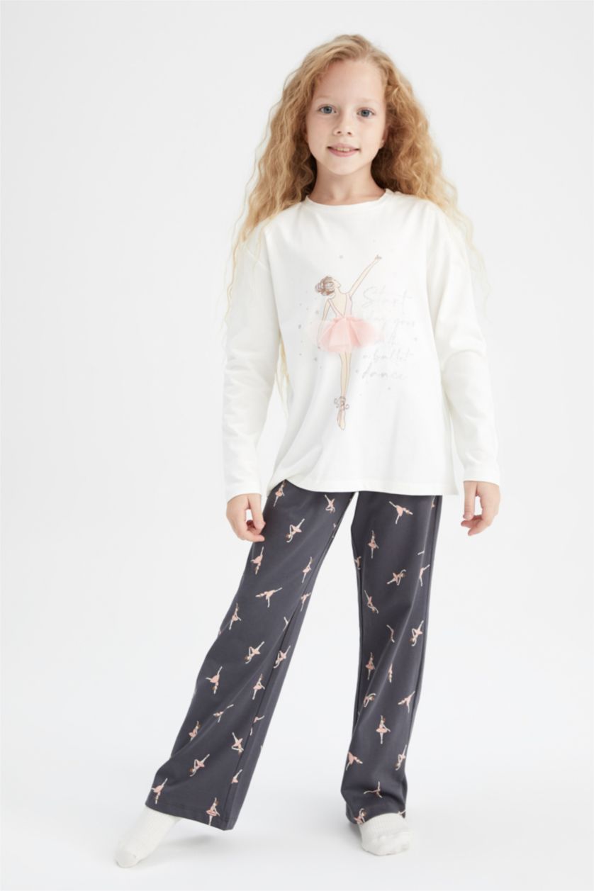 Kız Çocuk - Genç Kız Ekru Kız Çocuk Balerin Kız Baskılı Uzun Kollu Penye Pijama Takım
