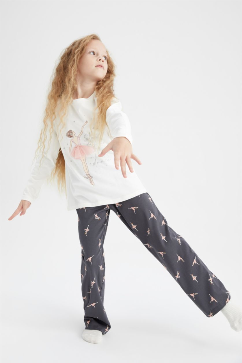 Kız Çocuk - Genç Kız Ekru Kız Çocuk Balerin Kız Baskılı Uzun Kollu Penye Pijama Takım