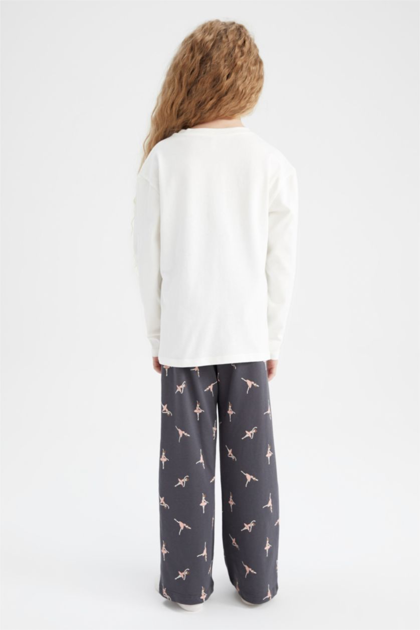 Kız Çocuk - Genç Kız Ekru Kız Çocuk Balerin Kız Baskılı Uzun Kollu Penye Pijama Takım