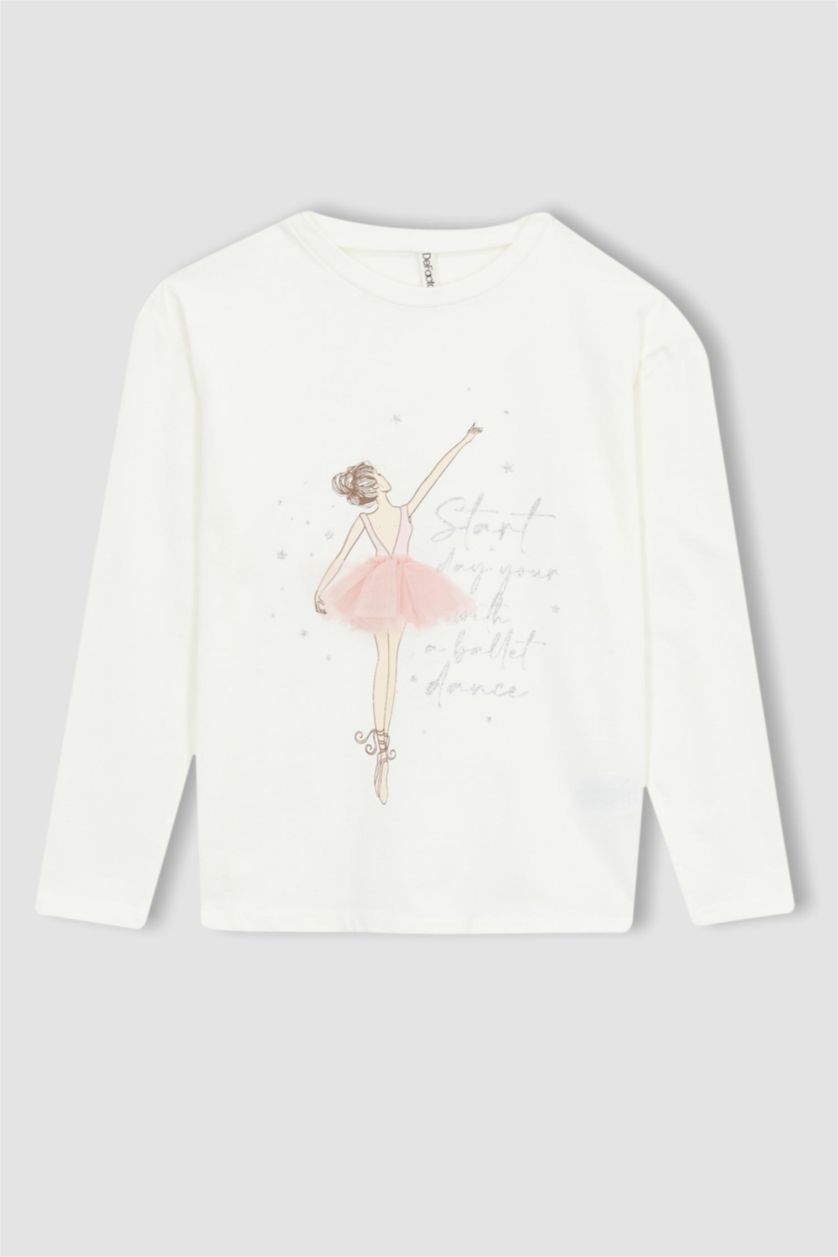 Kız Çocuk - Genç Kız Ekru Kız Çocuk Balerin Kız Baskılı Uzun Kollu Penye Pijama Takım