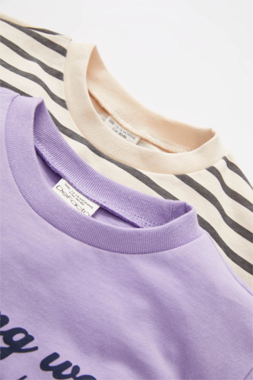 Erkek Bebek Lila Erkek Bebek Çizgili  Bisiklet Yaka Penye 2'li Uzun Kollu Tişört