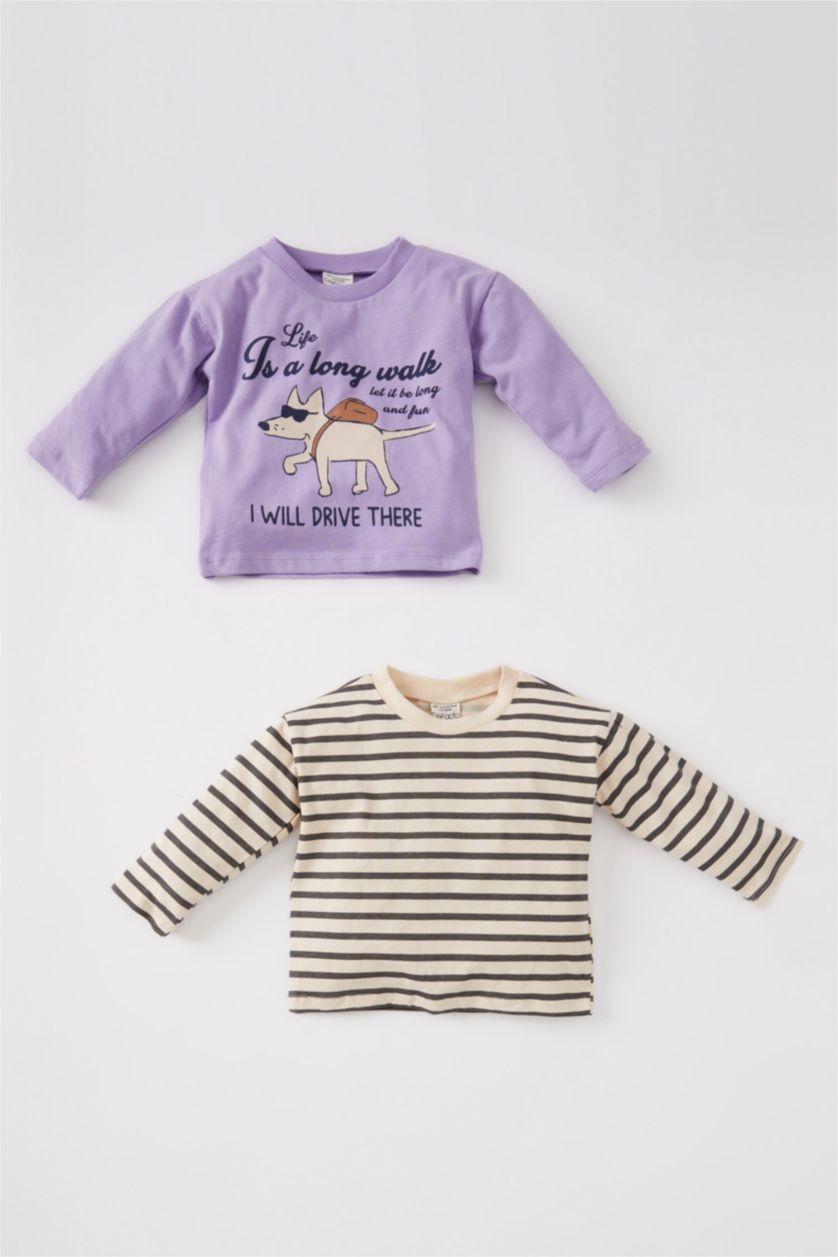 Erkek Bebek Lila Erkek Bebek Çizgili  Bisiklet Yaka Penye 2'li Uzun Kollu Tişört