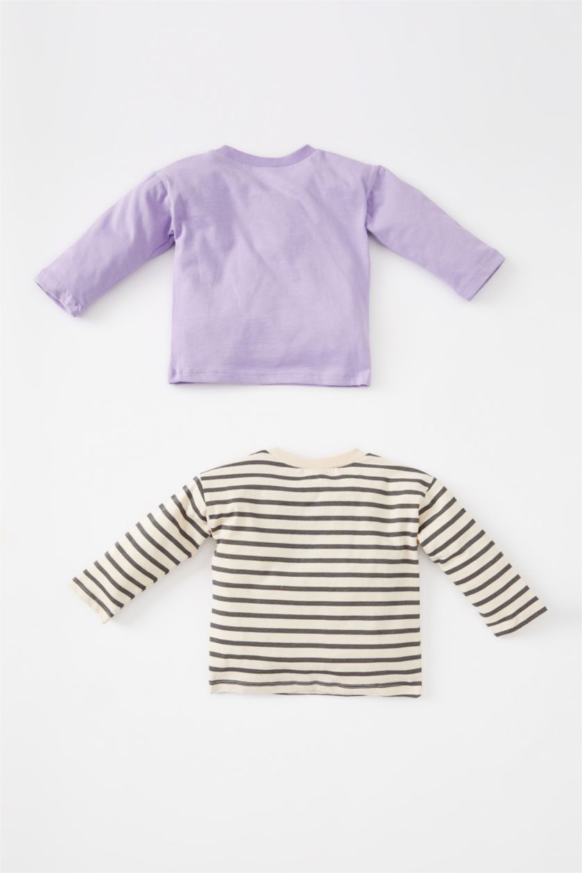 Erkek Bebek Lila Erkek Bebek Çizgili  Bisiklet Yaka Penye 2'li Uzun Kollu Tişört