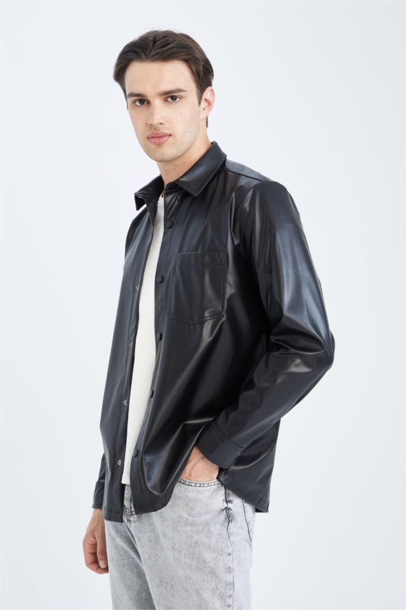 HOMME Noir Coupe Régulière PU Chemises à manches longues