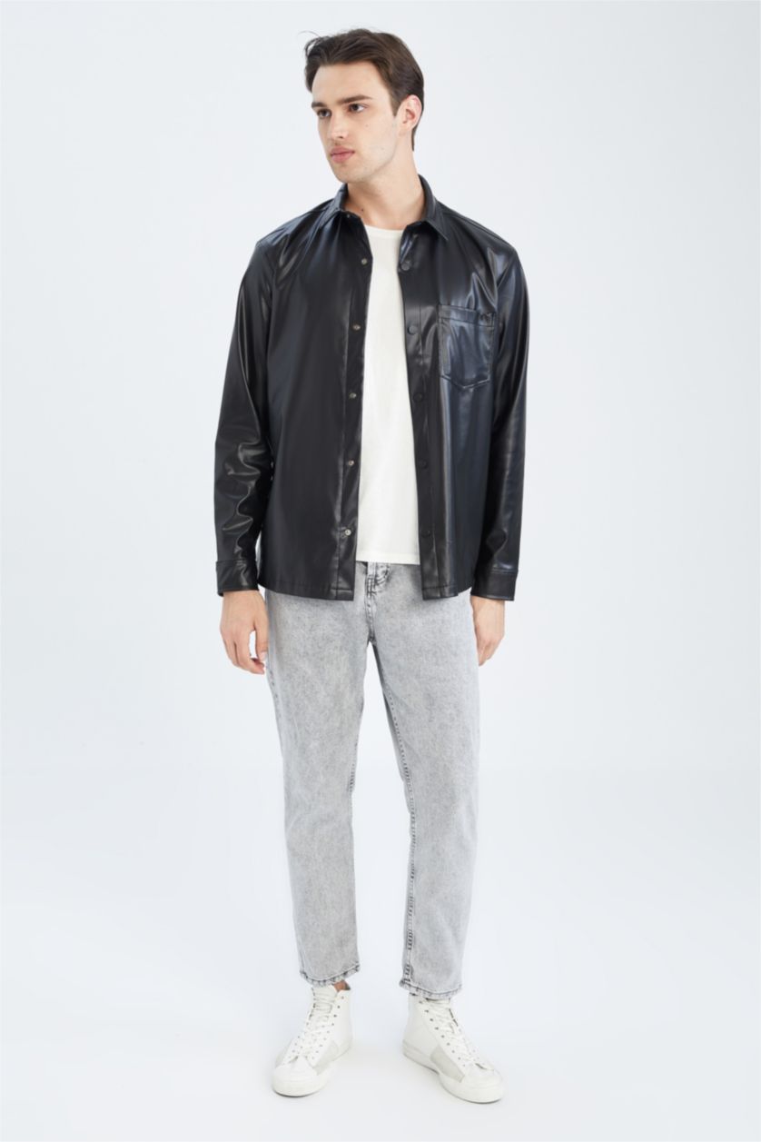 HOMME Noir Coupe Régulière PU Chemises à manches longues