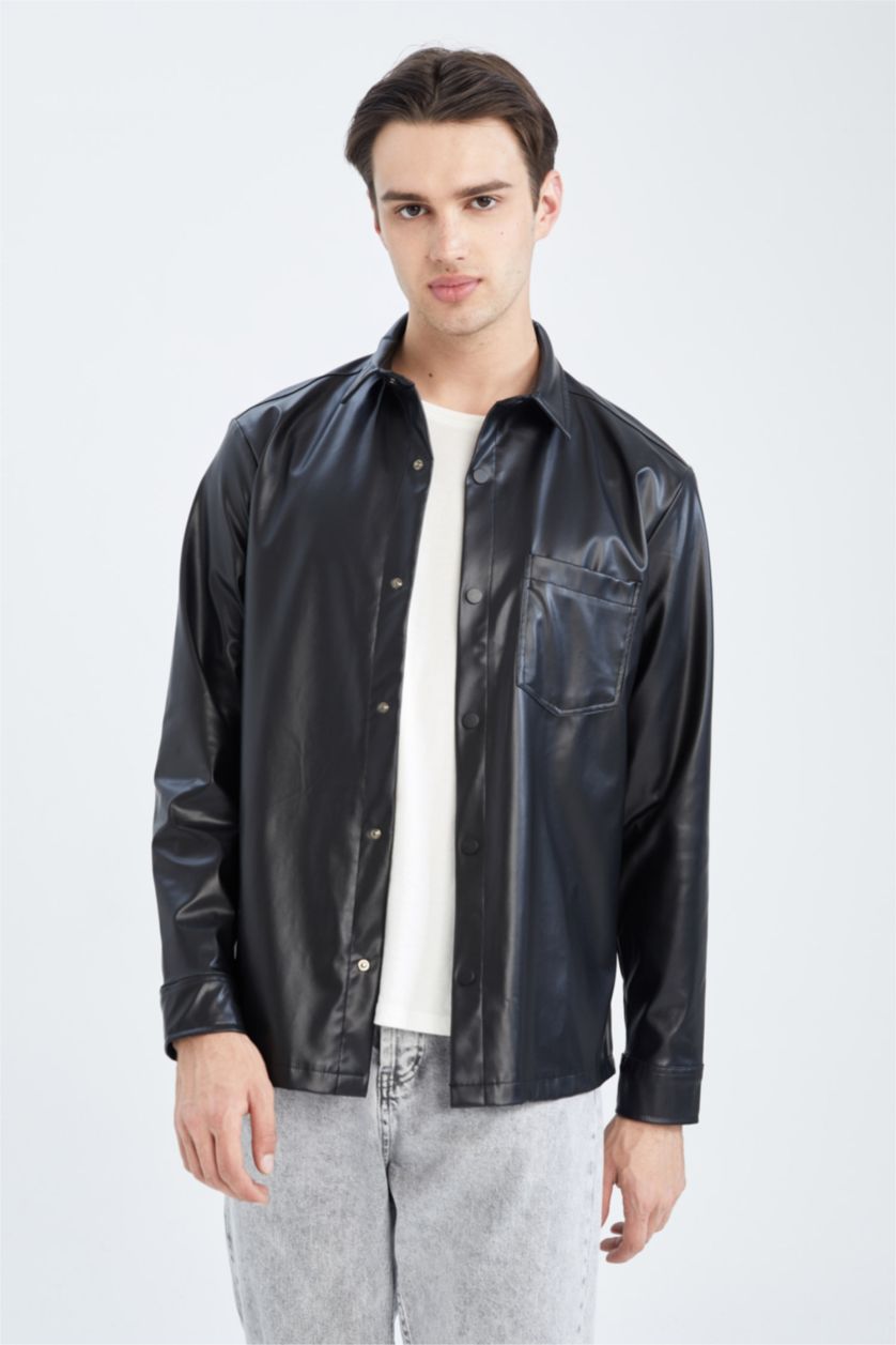 HOMME Noir Coupe Régulière PU Chemises à manches longues