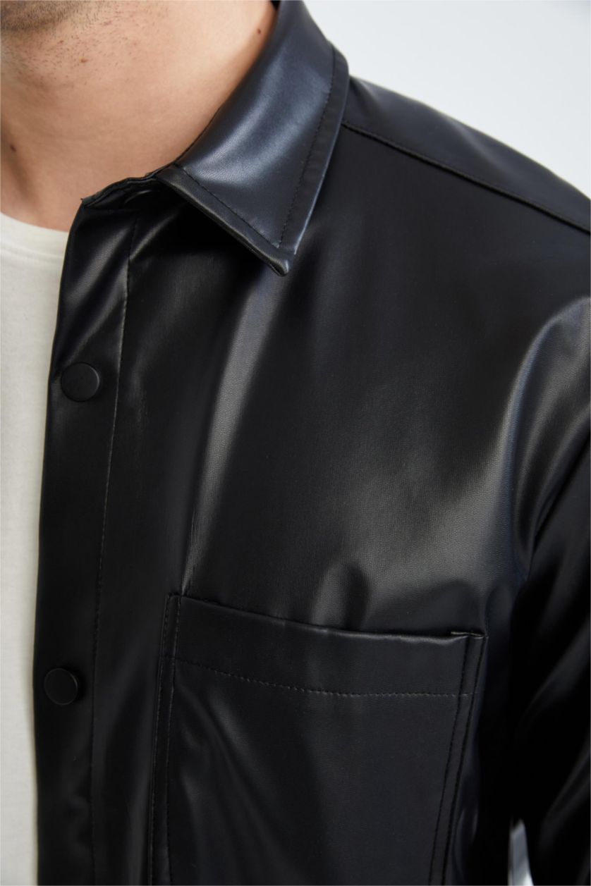 HOMME Noir Coupe Régulière PU Chemises à manches longues