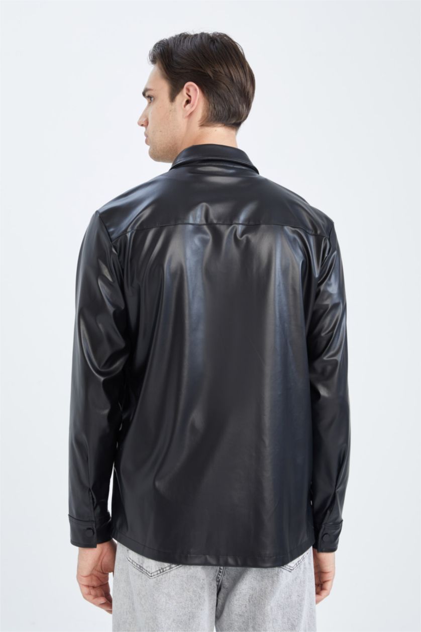 HOMME Noir Coupe Régulière PU Chemises à manches longues