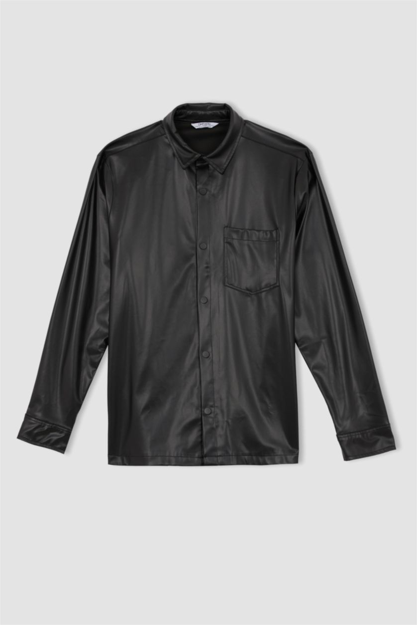 HOMME Noir Coupe Régulière PU Chemises à manches longues