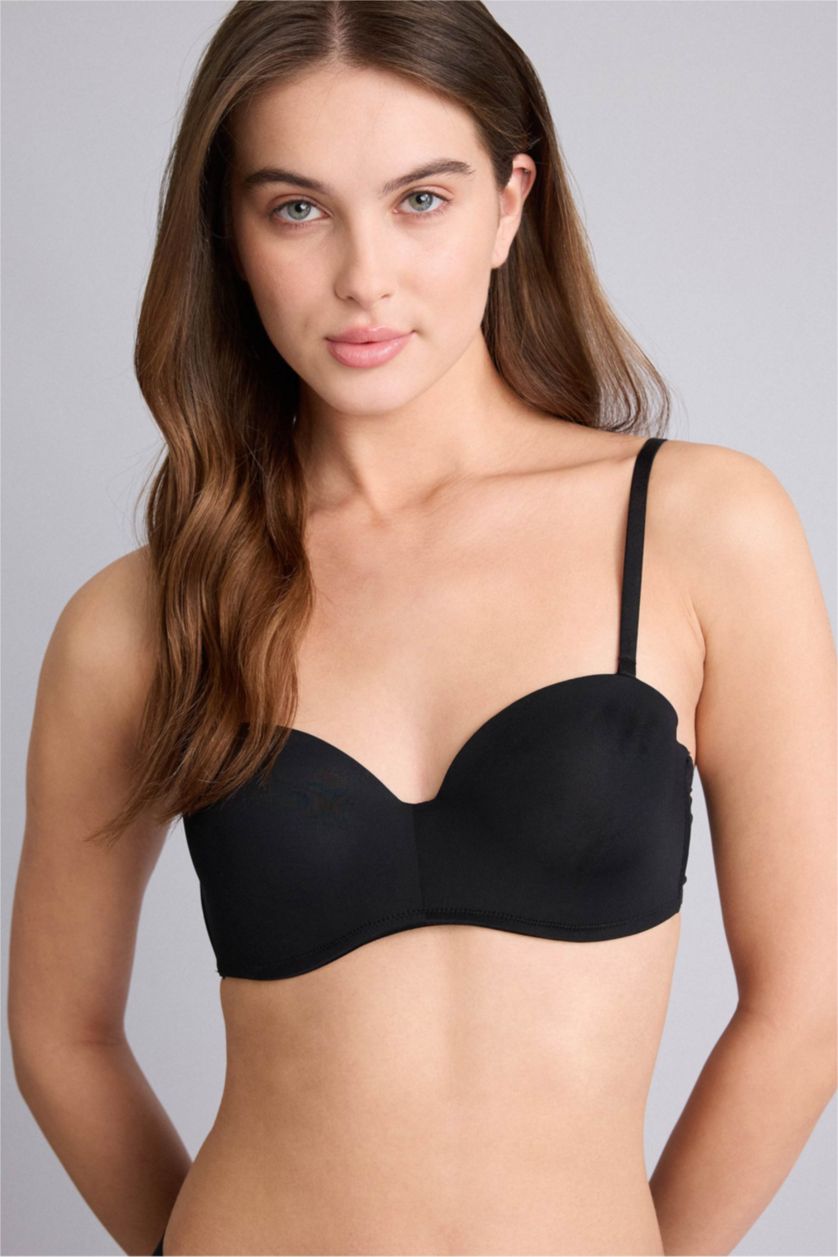 Kadın Siyah Micro Kaplı Yarım Dolgulu Balenli Straplez Sütyen	