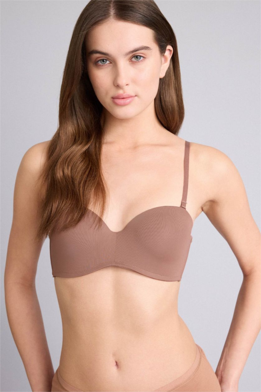 Kadın Açık Kahve Micro Kaplı Yarım Dolgulu Balenli Straplez Sütyen
