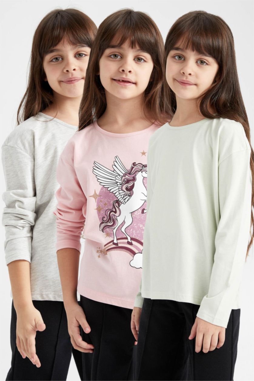 Kız Çocuk - Genç Kız Açık Pembe Kız Çocuk Bisiklet Yaka 3'lü Uzun Kollu Tişört