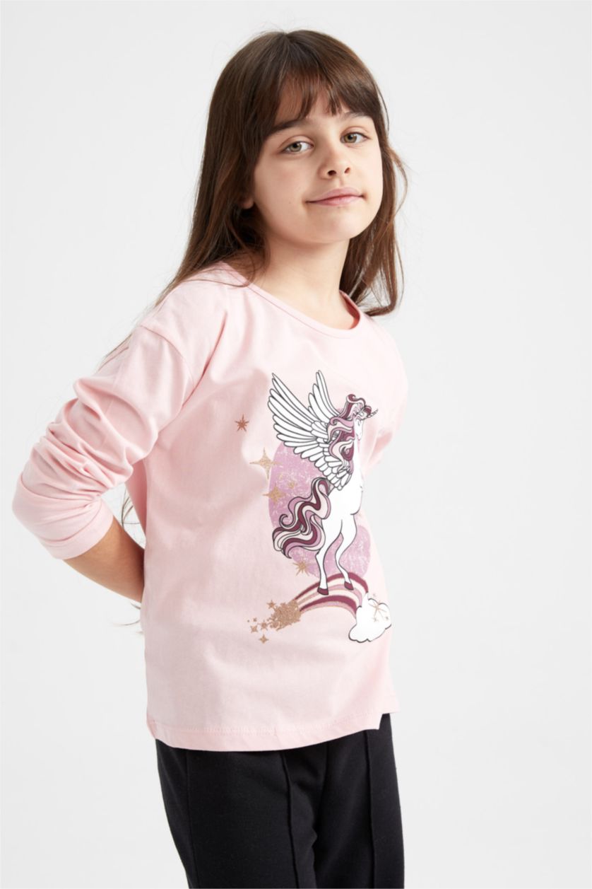 Kız Çocuk - Genç Kız Açık Pembe Kız Çocuk Bisiklet Yaka 3'lü Uzun Kollu Tişört