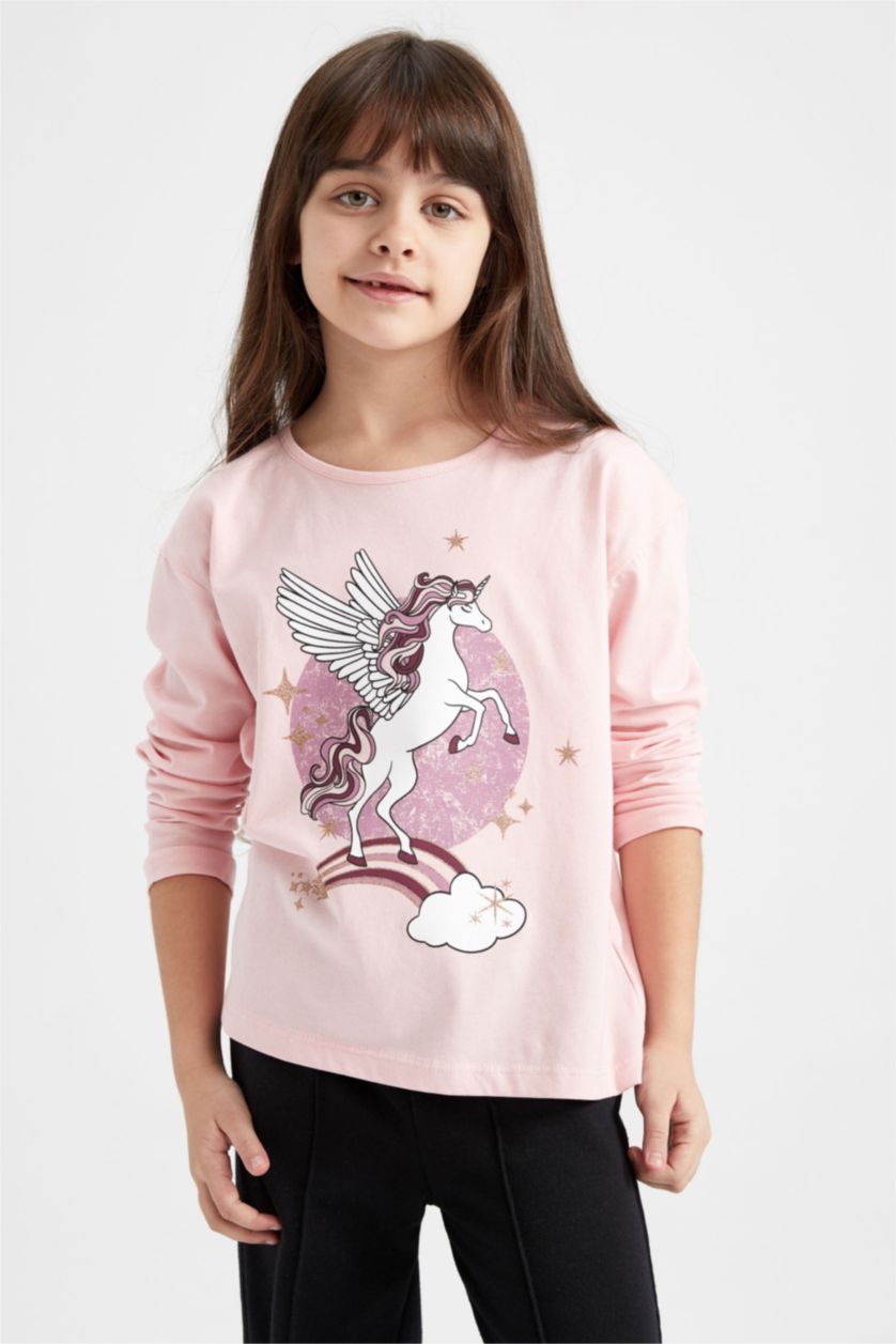 Kız Çocuk - Genç Kız Açık Pembe Kız Çocuk Bisiklet Yaka 3'lü Uzun Kollu Tişört