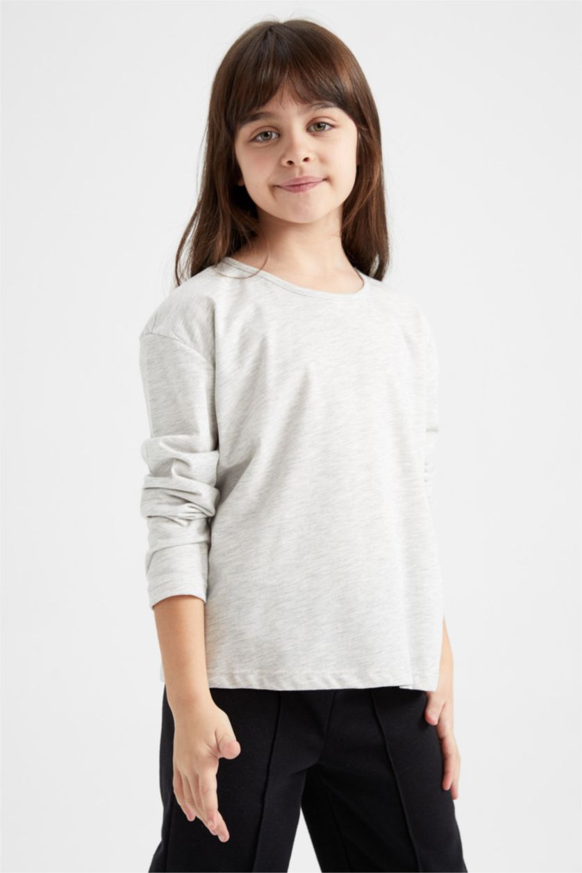 Kız Çocuk - Genç Kız Açık Pembe Kız Çocuk Bisiklet Yaka 3'lü Uzun Kollu Tişört