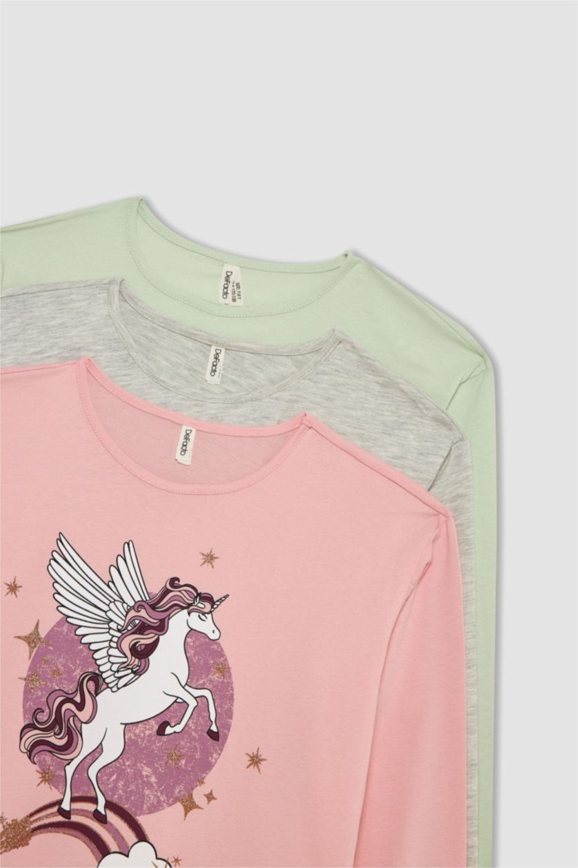 Kız Çocuk - Genç Kız Açık Pembe Kız Çocuk Bisiklet Yaka 3'lü Uzun Kollu Tişört