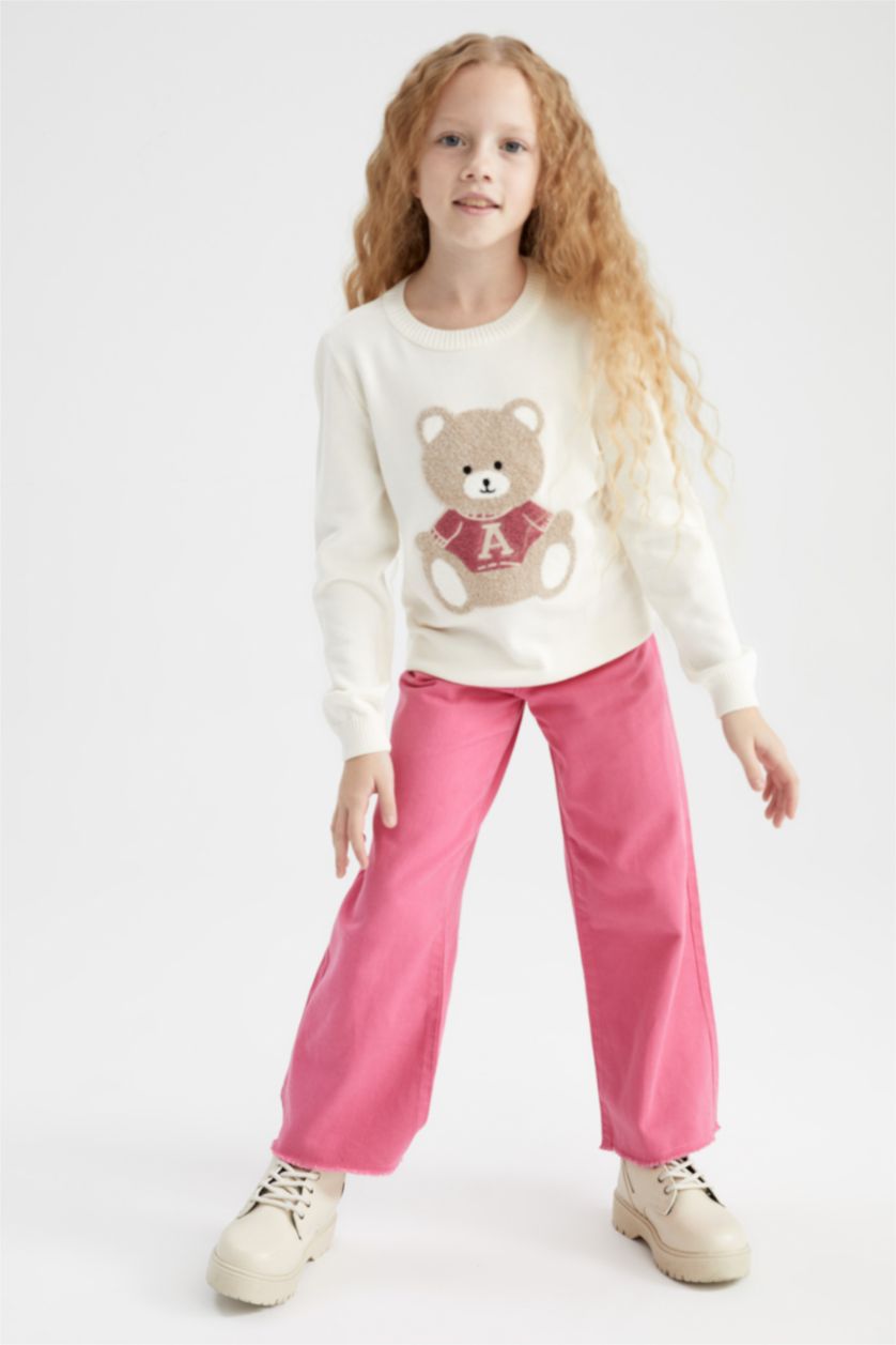 Kız Çocuk - Genç Kız Bej Melanj Regular Fıt Bisiklet Yaka Triko Kazak Kız Çocuk