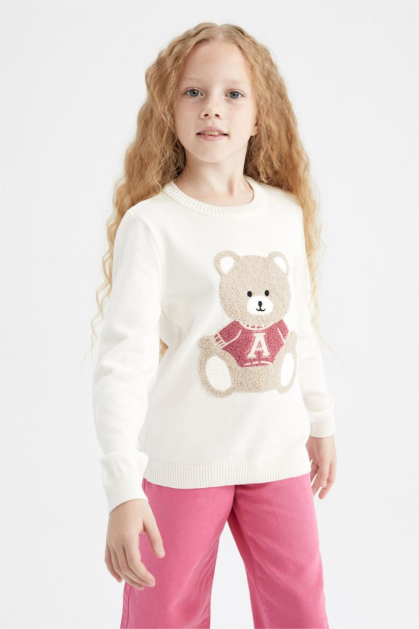 Kız Çocuk - Genç Kız Bej Melanj Regular Fıt Bisiklet Yaka Triko Kazak Kız Çocuk