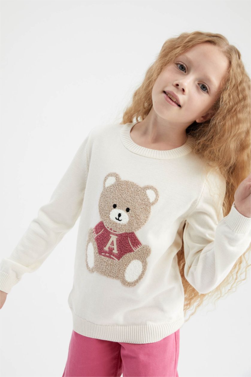 Kız Çocuk - Genç Kız Bej Melanj Regular Fıt Bisiklet Yaka Triko Kazak Kız Çocuk