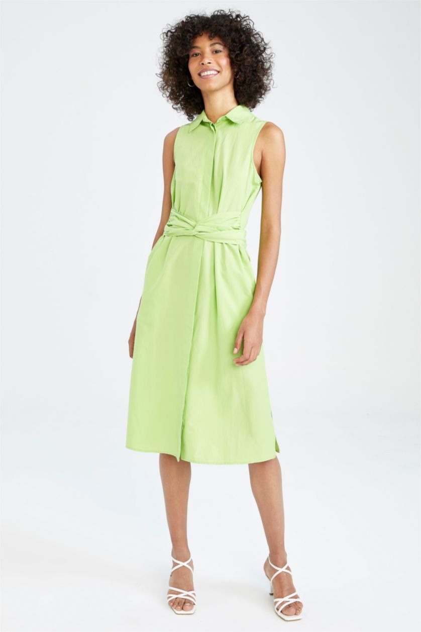 WOMAN Light Green Poplin Midi Short Sleeve Woven Dress