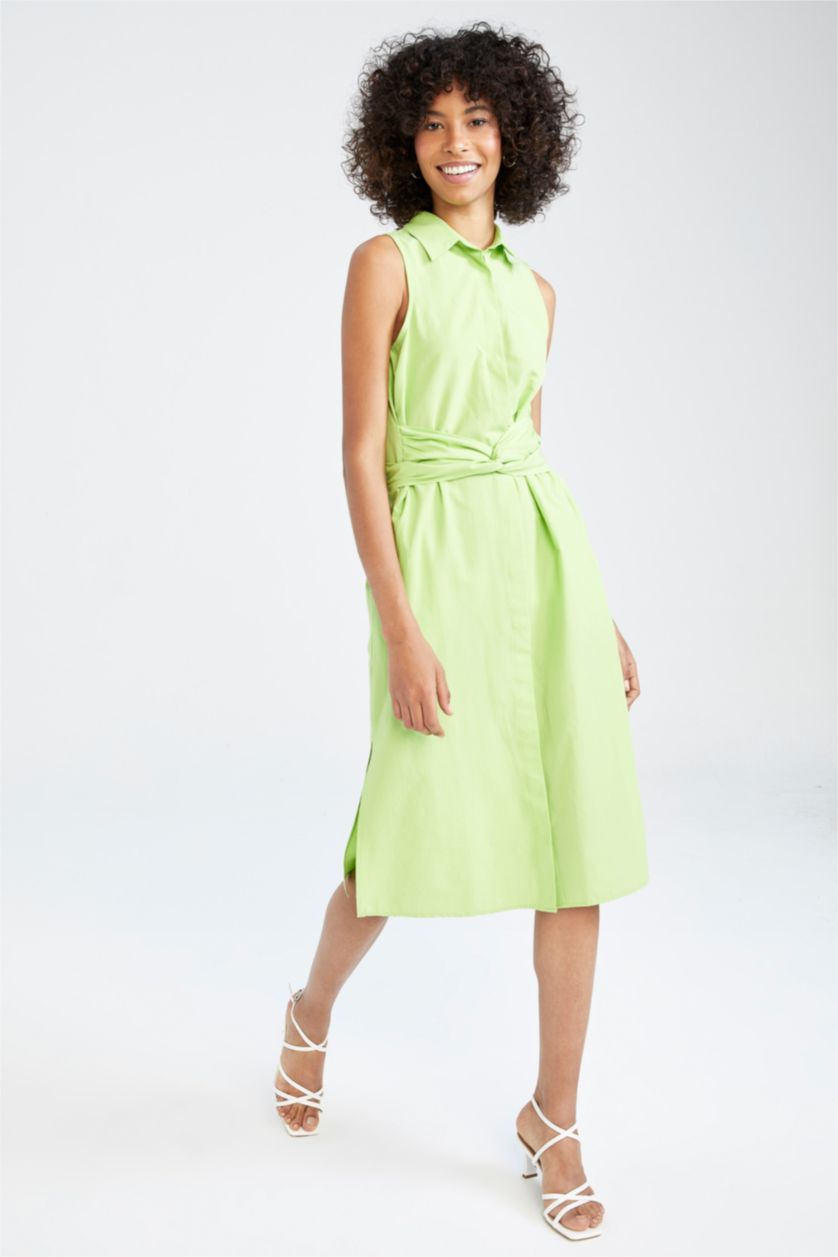 WOMAN Light Green Poplin Midi Short Sleeve Woven Dress
