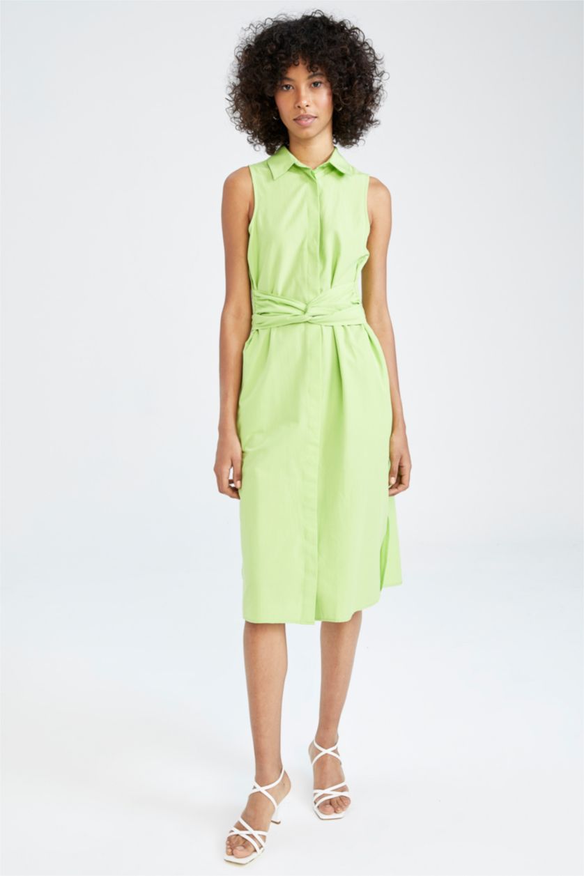 WOMAN Light Green Poplin Midi Short Sleeve Woven Dress