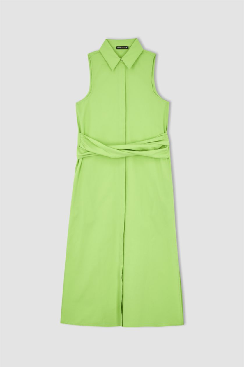 WOMAN Light Green Poplin Midi Short Sleeve Woven Dress