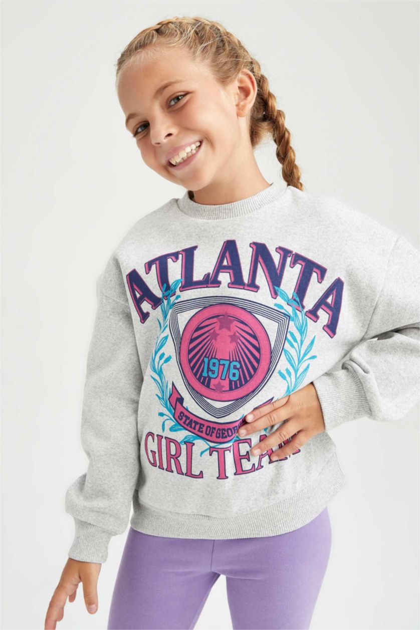 Kız Çocuk - Genç Kız Gri Melanj Kız Çocuk Bisiklet Yaka İçi Yumuşak Tüylü Sweatshirt