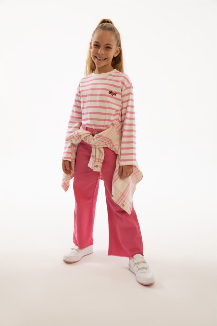 GIRLS & TEENS Pink تيشيرت كم طويل قصة مريحة