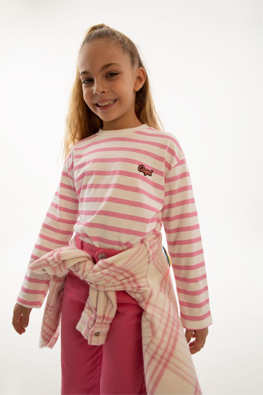GIRLS & TEENS Pink تيشيرت كم طويل قصة مريحة