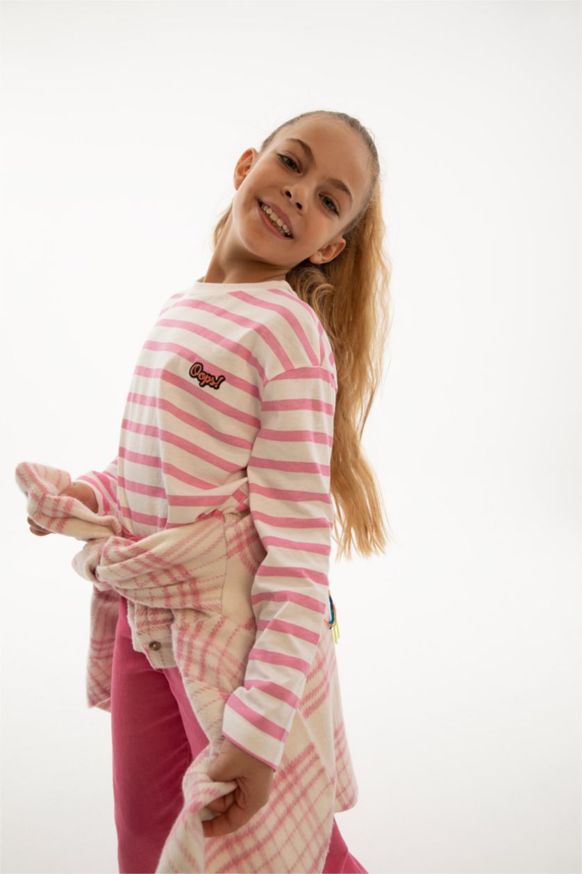 GIRLS & TEENS Pink تيشيرت كم طويل قصة مريحة