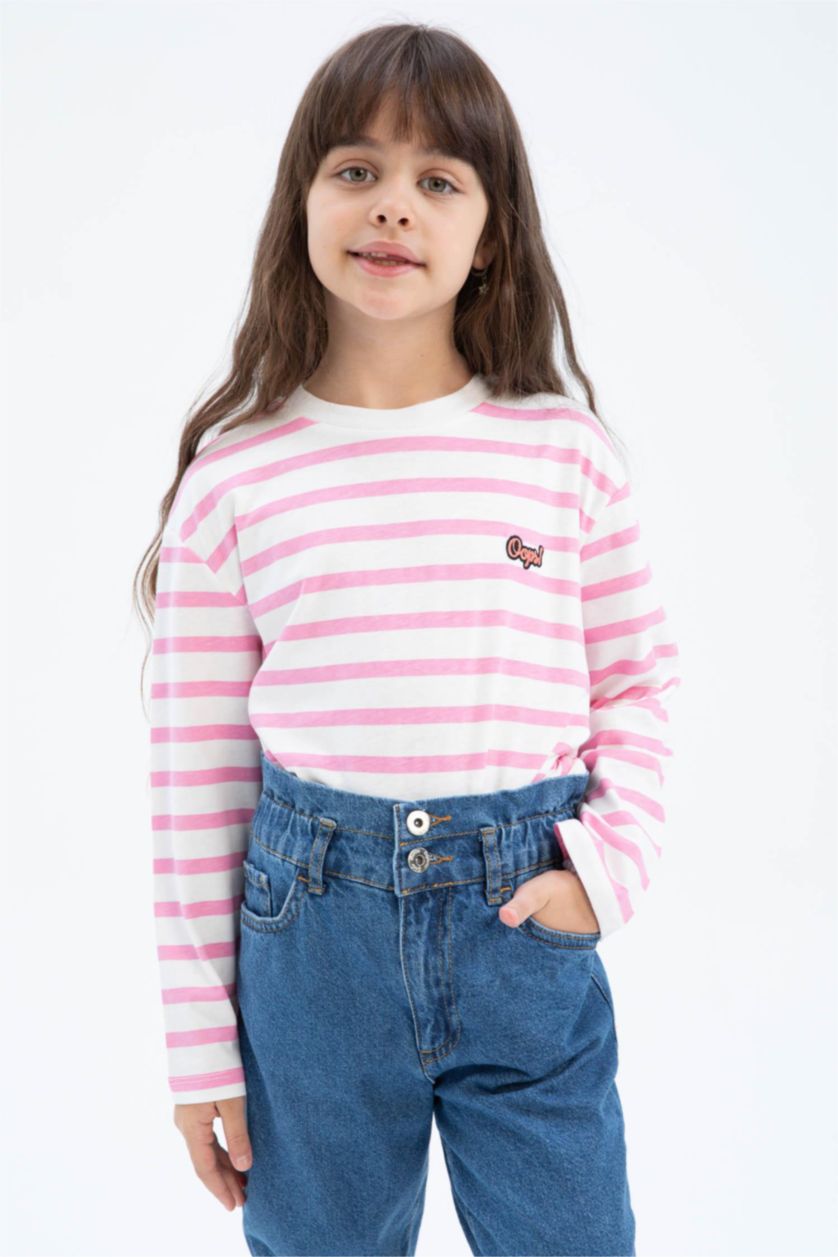 GIRLS & TEENS Pink تيشيرت كم طويل قصة مريحة