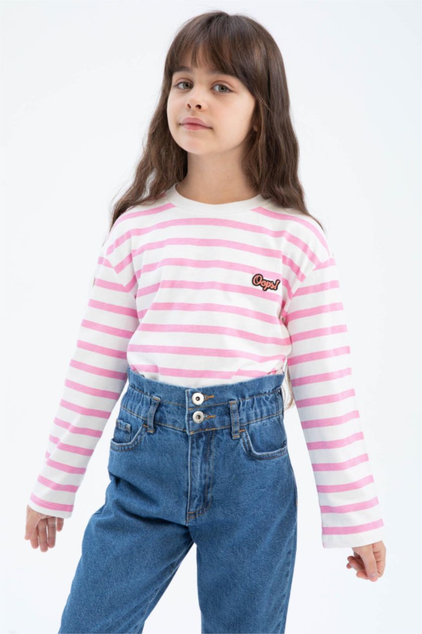 GIRLS & TEENS Pink تيشيرت كم طويل قصة مريحة