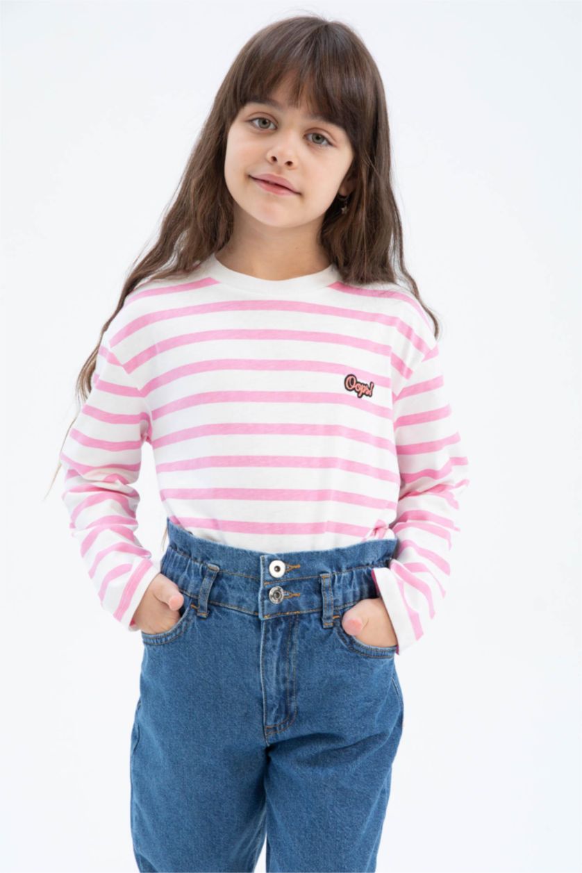 GIRLS & TEENS Pink تيشيرت كم طويل قصة مريحة