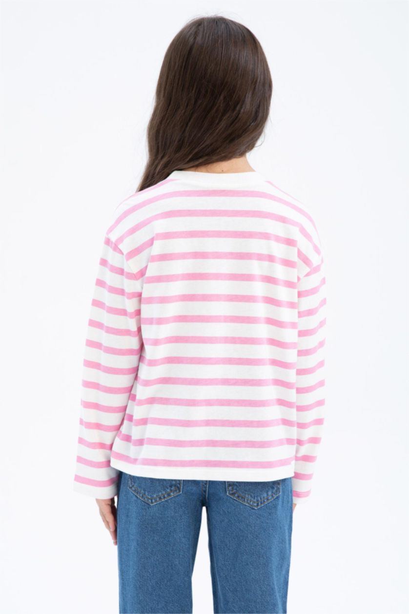 GIRLS & TEENS Pink تيشيرت كم طويل قصة مريحة