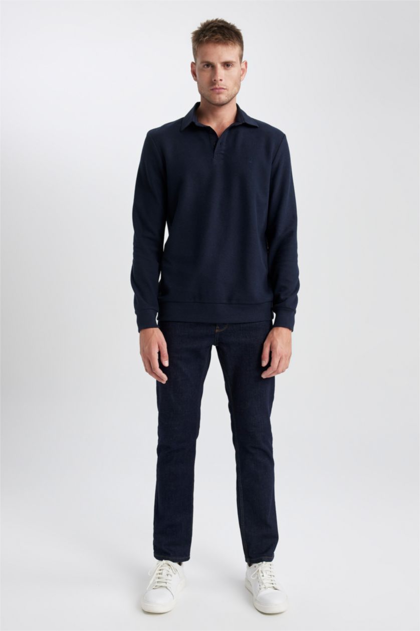 MAN NAVY Regular Fit Polo Collar Basic Sweatshirt