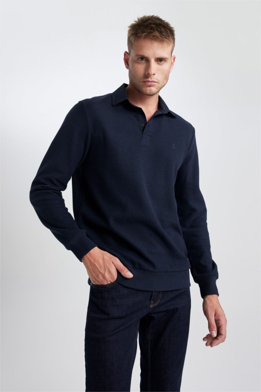 MAN NAVY Regular Fit Polo Collar Basic Sweatshirt