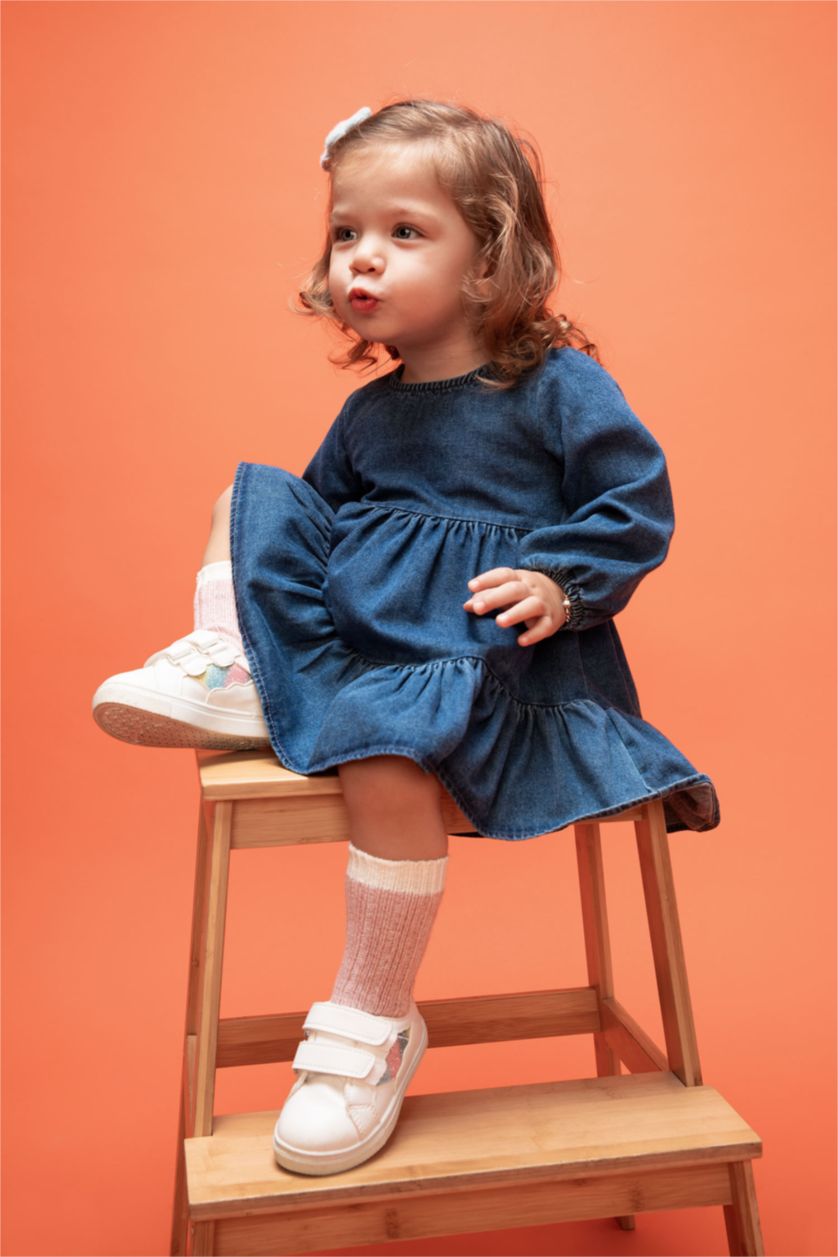 BÉBÉ FILLE Bleu Robe Jean Col Ras Du Cou Manche Longue