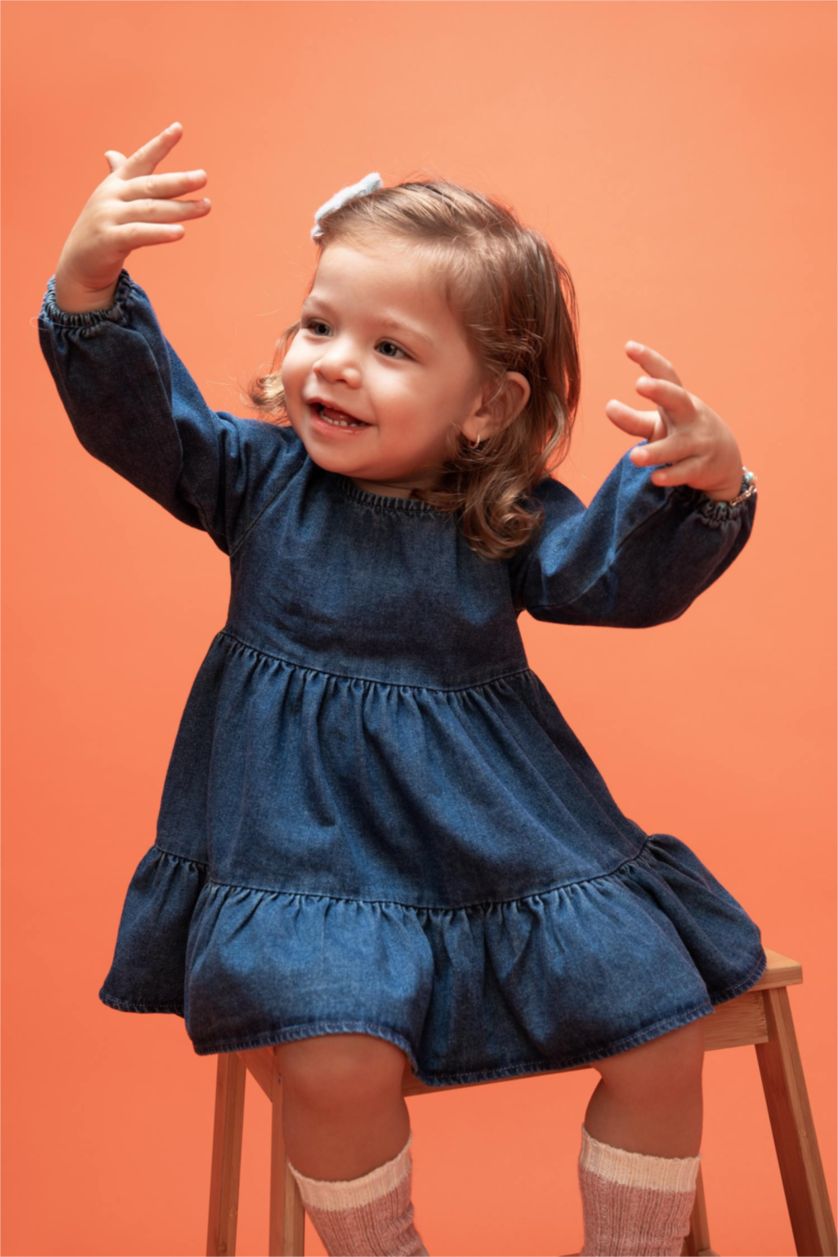 BÉBÉ FILLE Bleu Robe Jean Col Ras Du Cou Manche Longue