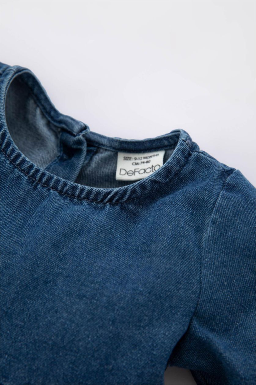 BÉBÉ FILLE Bleu Robe Jean Col Ras Du Cou Manche Longue