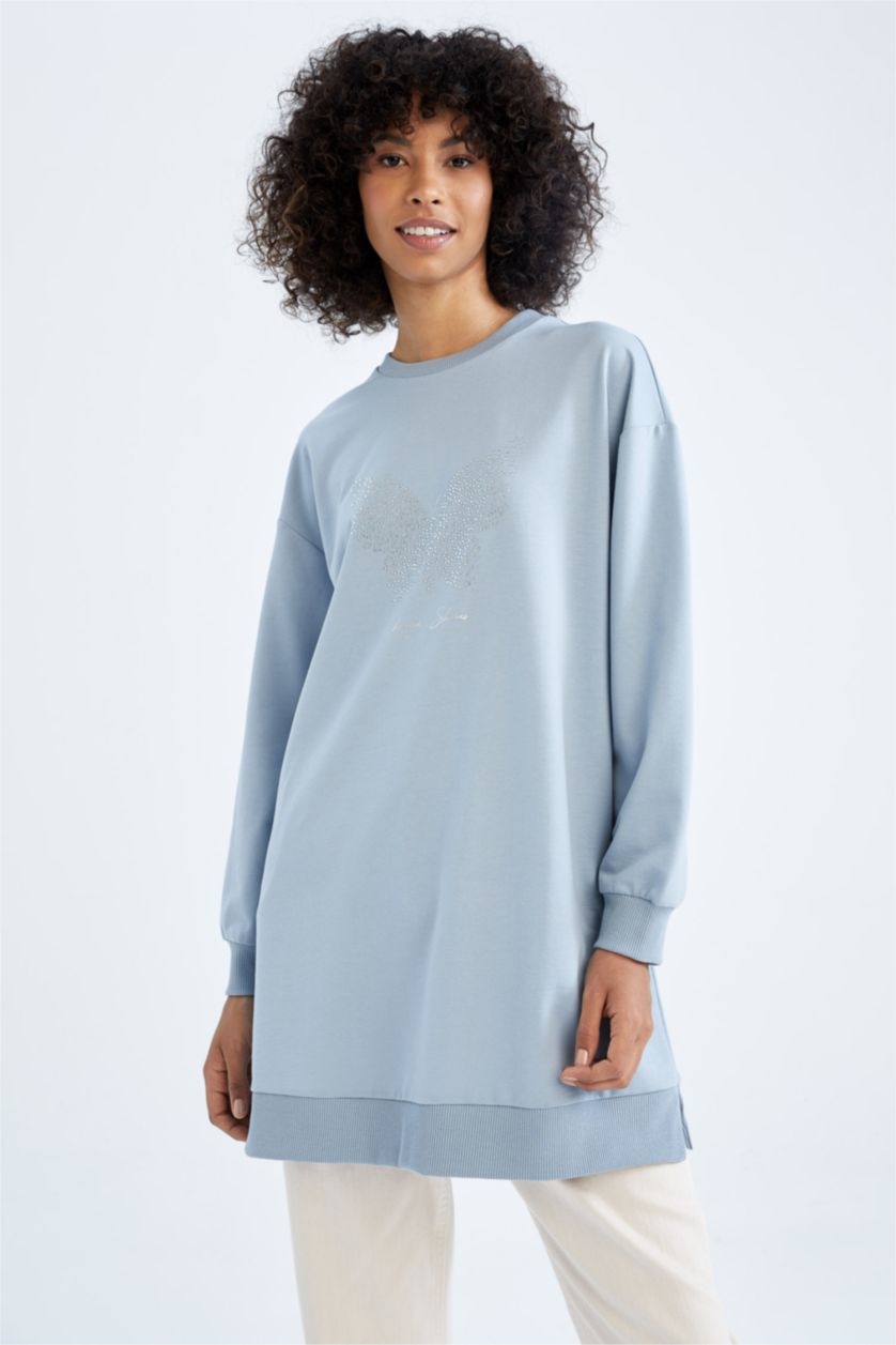 FEMME BLEU Clair Sweatshirt tunique Tissu Sweat Fin Coupe décontractée Embellissement Col Ras Du Cou