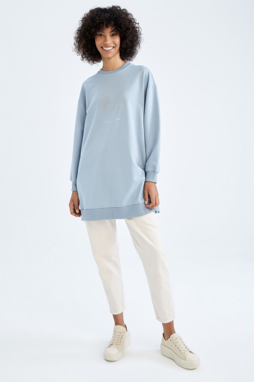 FEMME BLEU Clair Sweatshirt tunique Tissu Sweat Fin Coupe décontractée Embellissement Col Ras Du Cou