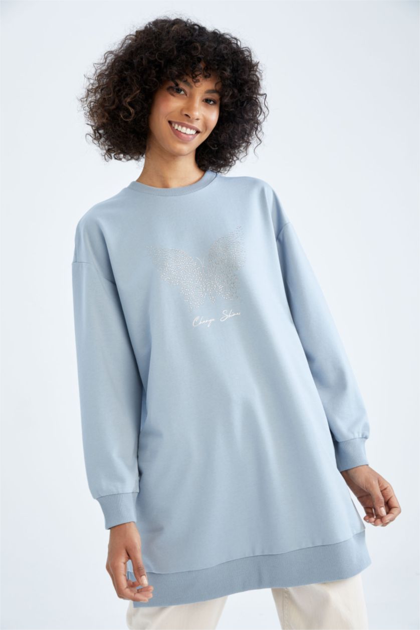 FEMME BLEU Clair Sweatshirt tunique Tissu Sweat Fin Coupe décontractée Embellissement Col Ras Du Cou