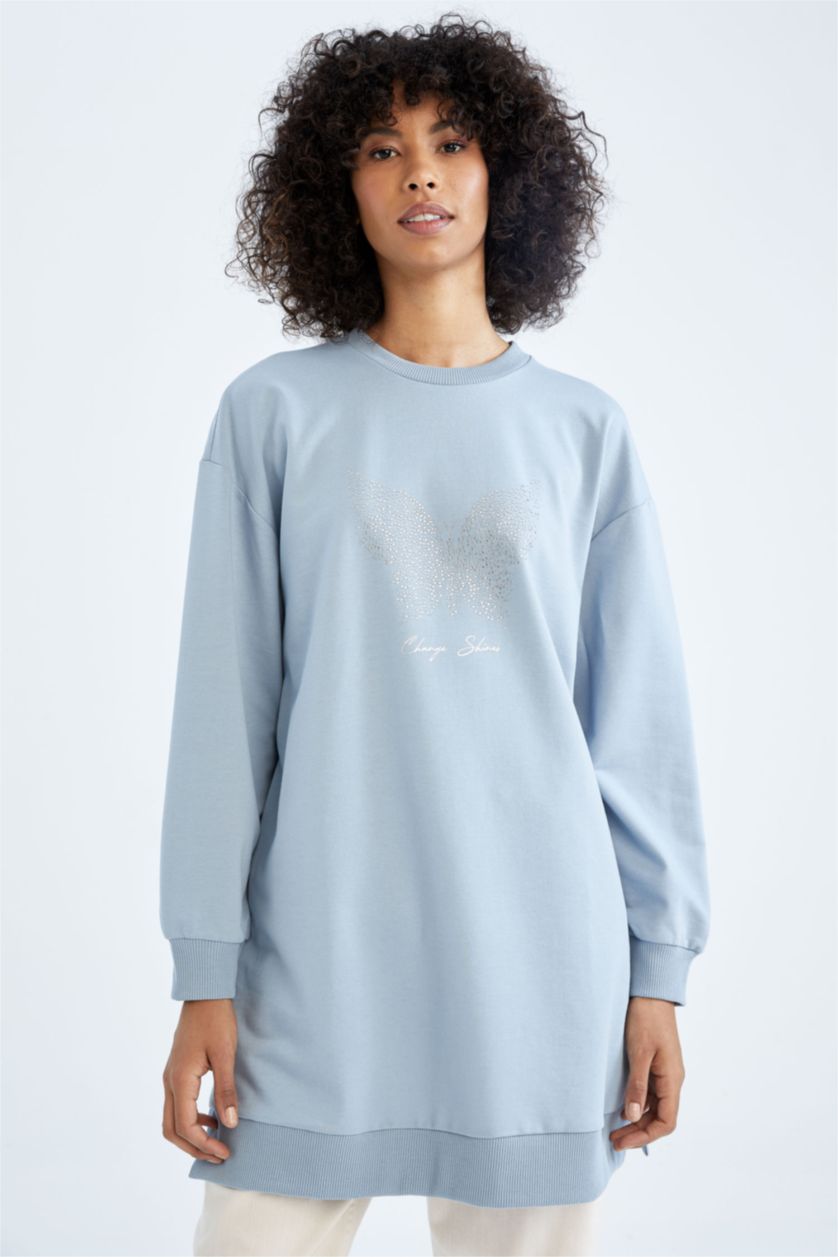 FEMME BLEU Clair Sweatshirt tunique Tissu Sweat Fin Coupe décontractée Embellissement Col Ras Du Cou