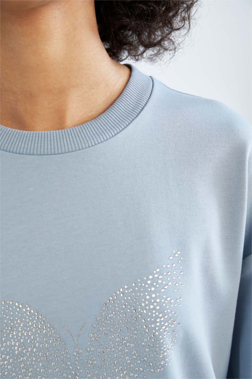 FEMME BLEU Clair Sweatshirt tunique Tissu Sweat Fin Coupe décontractée Embellissement Col Ras Du Cou