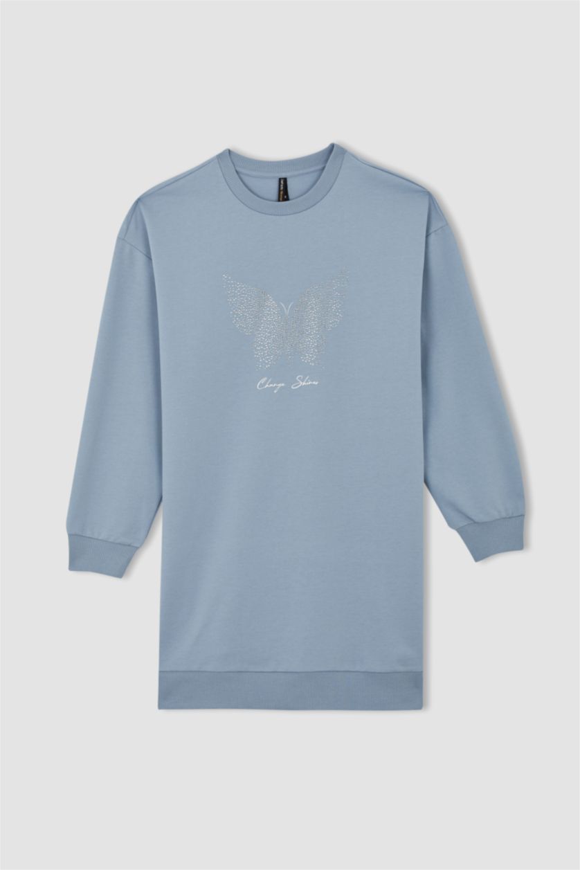 FEMME BLEU Clair Sweatshirt tunique Tissu Sweat Fin Coupe décontractée Embellissement Col Ras Du Cou