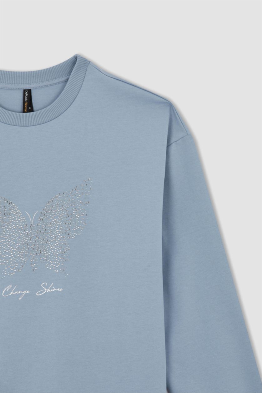 FEMME BLEU Clair Sweatshirt tunique Tissu Sweat Fin Coupe décontractée Embellissement Col Ras Du Cou