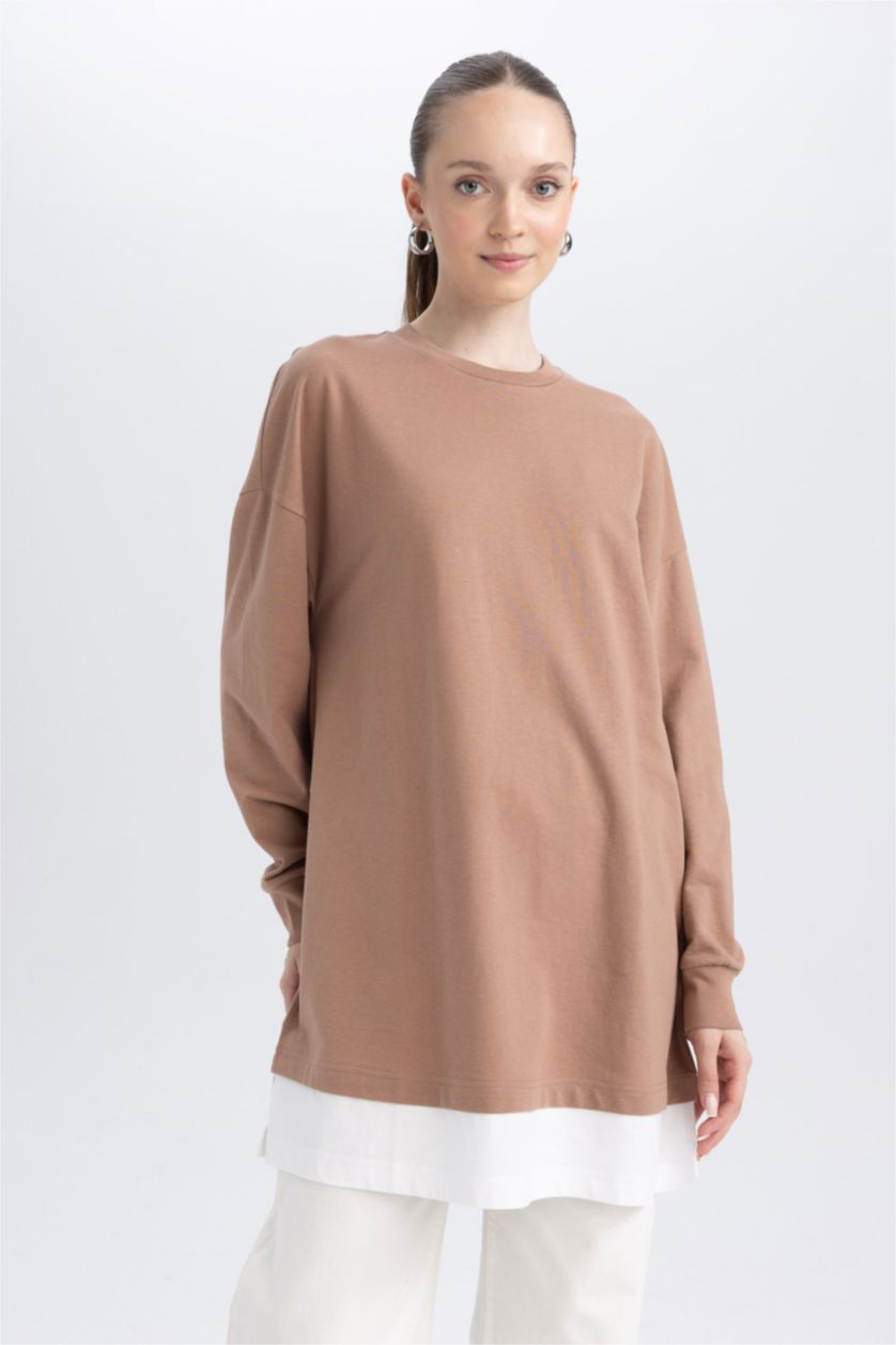 WOMAN Light Brown Regular Fit Thin Sweatshirt Fabric Crew Neck Sweat Tunic